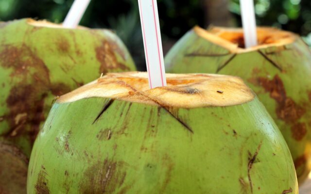 Coco verde abierto con un sorbete listo para tomar